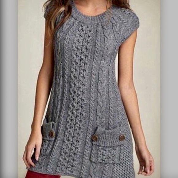 Free People Dresses & Skirts - Free People Gray Cable Knit Sweater Dress Pockets